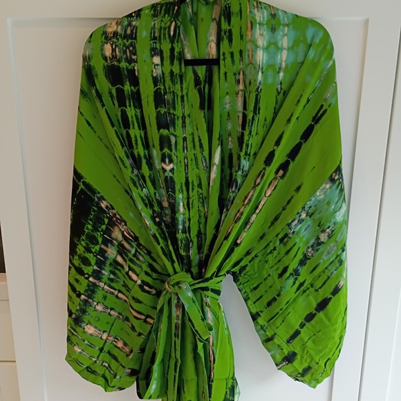 💋 Apple Green and Gold Kimono w/Pockets and Tie one size *NEW - Picture 6 of 11